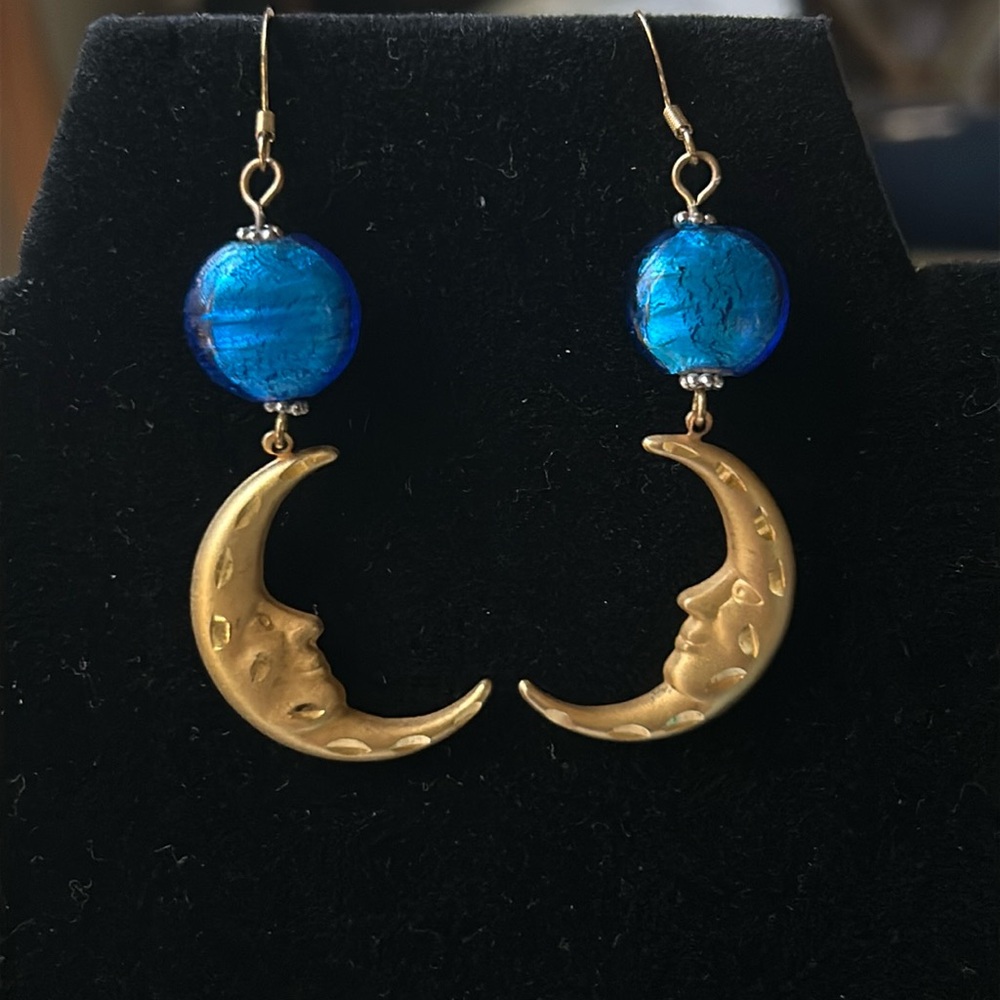 Gold Tone Moon,Blue Beads,Dangle Earrings